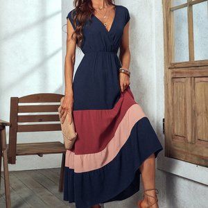 New Colorblock Surplice Neck Dress Navy Blue